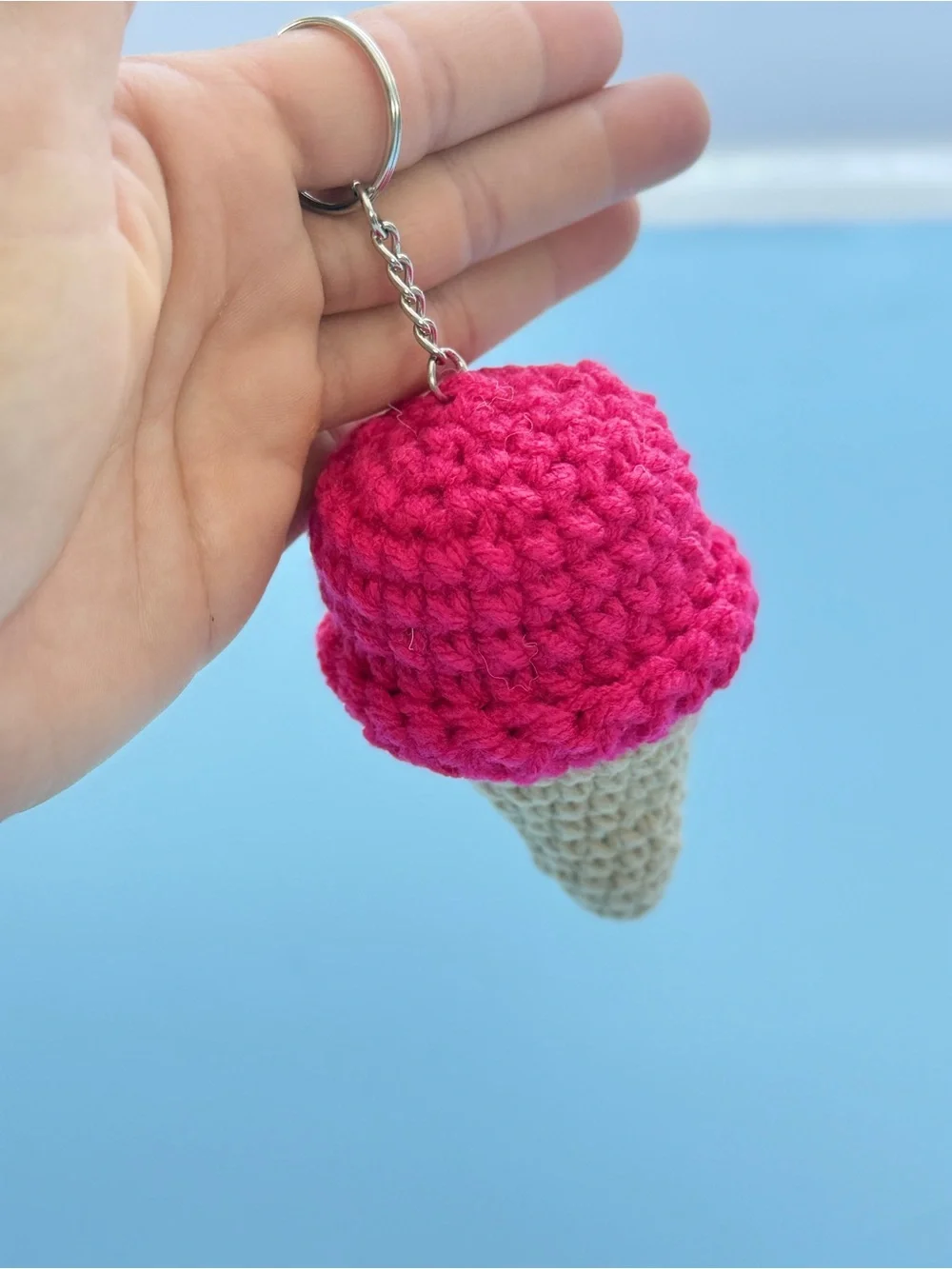 Handmade Fuchsia Pink Crochet Ice Cream Cone Keychain for Kids